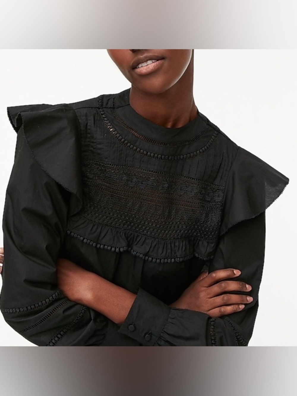 J.Crew Black Crocheted Lace Ruffle Top Victorian Gothic Whimsigoth Blouse M NWT